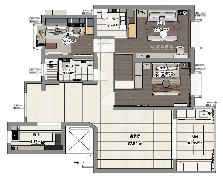 郭志成｜澳丽嘉园4-605-126㎡-现代奶油风格｜3室2厅1厨2卫｜毛坯装修｜定制家｜全包19